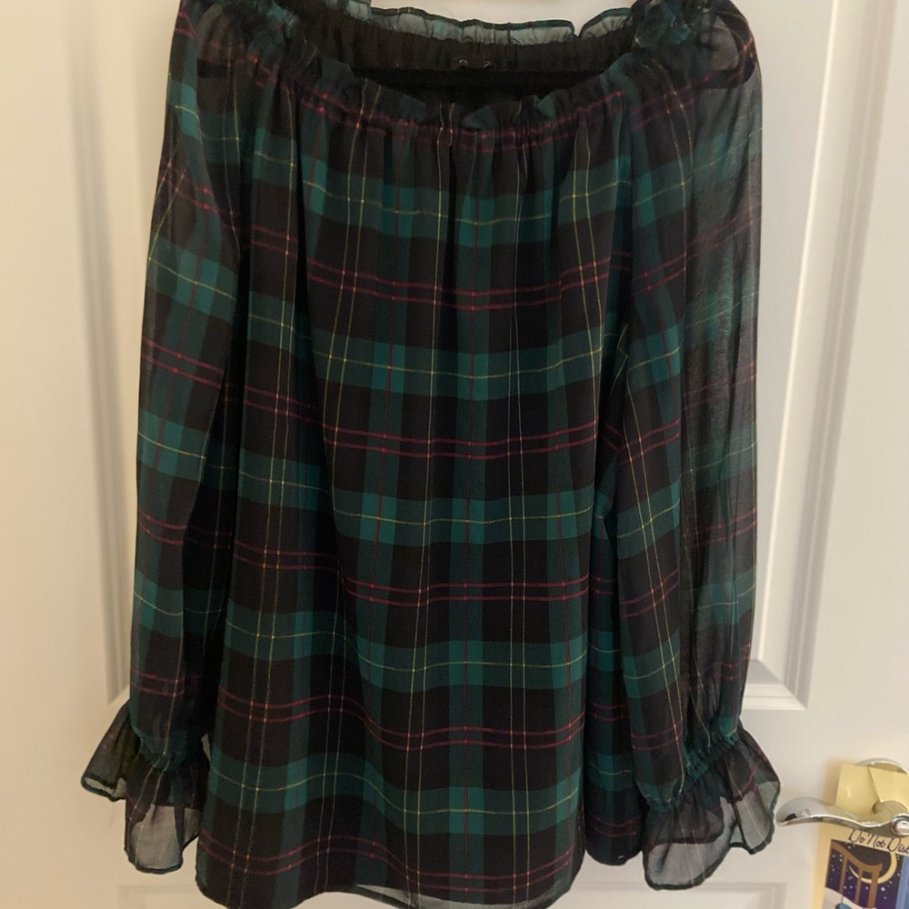 Talbots Black and Green Plaid Blouse